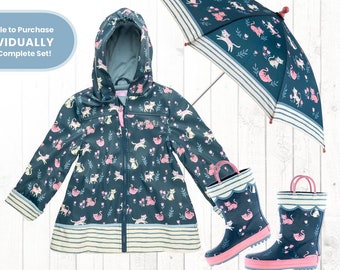 Kids CAT Rain Gear - Compete Set Optional / Girls Cat Pattern Raincoat with Embroidered Name Personalized