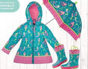 Kids Mermaid Rain Gear - Complete Set Optional - Mermaid Raincoat Matching Rain boots & Umbrella