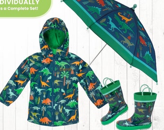 Dinosaur Raincoat Personalized Name / Complete Set Optional - Matching Dinosaur Rain jacket Rain boots & Umbrella