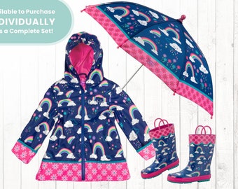 Kids Rainbow Rain Jacket Personalized / Complete Set Optional - Matching Raincoat Rain boots & Umbrella