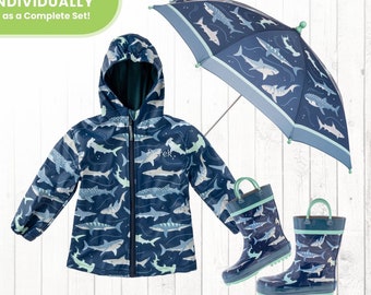 Shark Raincoat for Kids Personalized / Complete Set Optional - Matching Raincoat Rain boots & Umbrella