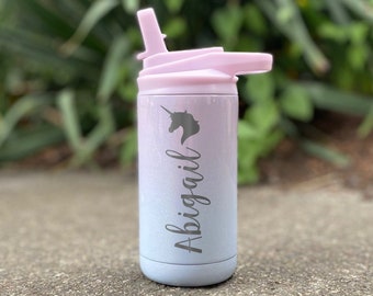 Personalized Kids Sparkle Water Bottle Tumbler with Flip Up Straw Lid / Custom Engraved 12oz insulated water bottle