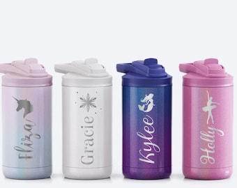 Kids Glitter Water Bottle Tumbler with Straw Personalized with Engraved Name / Sparkly 12oz insulated water bottle