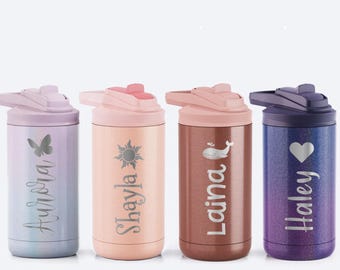 Kids Glitter Water Bottle Tumbler with Straw Personalized with Engraved Name / 12oz insulated water bottle