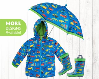 Kids Transportation Rain Coat or Boots - Dump Truck Helicopter Plane Train