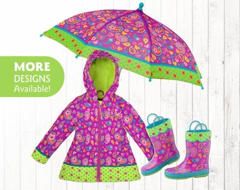 CLOSE OUT Paisley Raincoat / Personalized Kids Paisley Rain Gear / Paisley Print Rainboots for Kids / Personalized Raincoat for Kids
