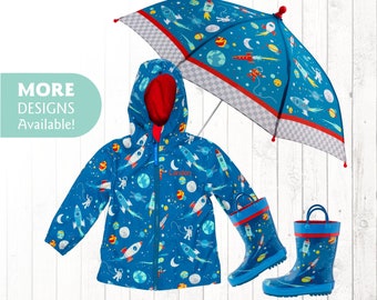 little girl matching raincoat and boots