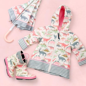 Kids Pink Dinosaur Rain Gear / Complete Set Optional - Matching Dinosaur Raincoat Rain boots & Umbrella
