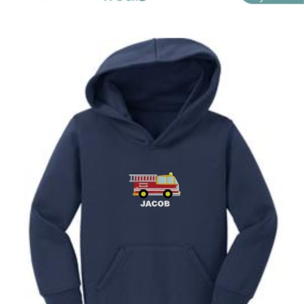 Personalized Firetruck Toddler Hoodie, Embroidered Cotton Blend