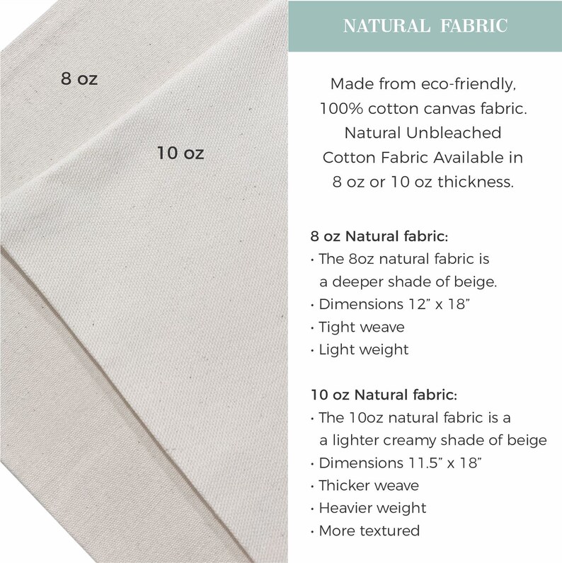 May include: Two pieces of natural unbleached cotton canvas fabric. The 8 oz fabric is a deeper beige and measures 12 inches by 18 inches. The 10 oz fabric is a lighter creamy beige and measures 11.5 inches by 18 inches.