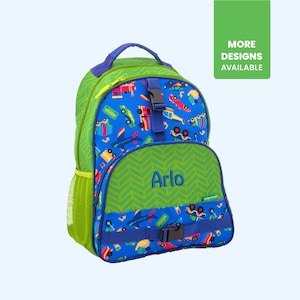 TRANSPORTATION Backpack Personalized with Childs Name / Optional matching Lunchbox / Trains Planes Cars Trucks