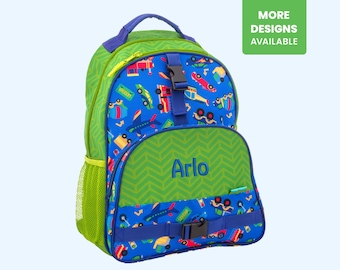 TRANSPORTATION Backpack Personalized with Childs Name / Optional matching Lunchbox / Trains Planes Cars Trucks