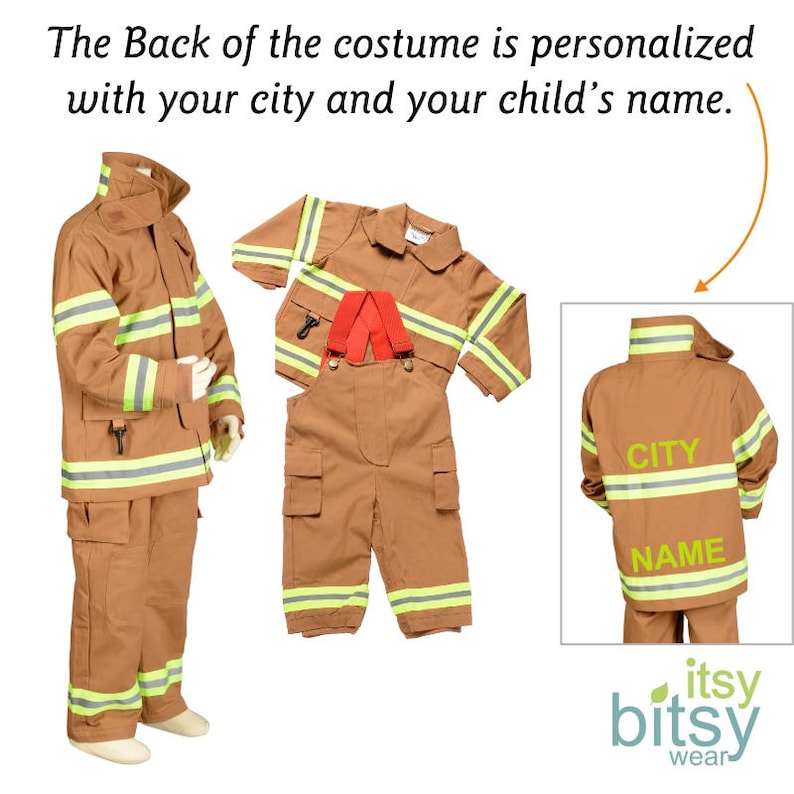 Kids Halloween Firefighter Costume Personalized / Custom Tan Fireman Bunker Gear image 2