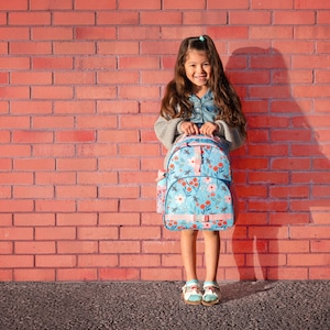 Personalized Kids Backpack: Retro Floral Teal Blue, Embroidered Name image 8