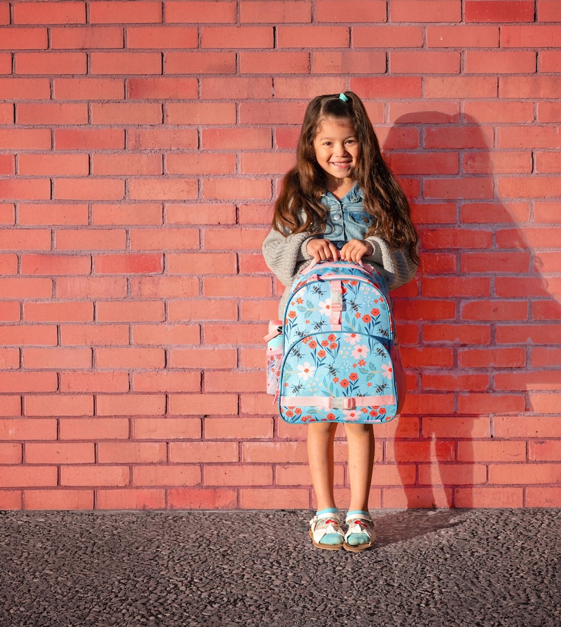 Personalized Kids Backpack: Retro Floral Teal Blue, Embroidered Name image 8