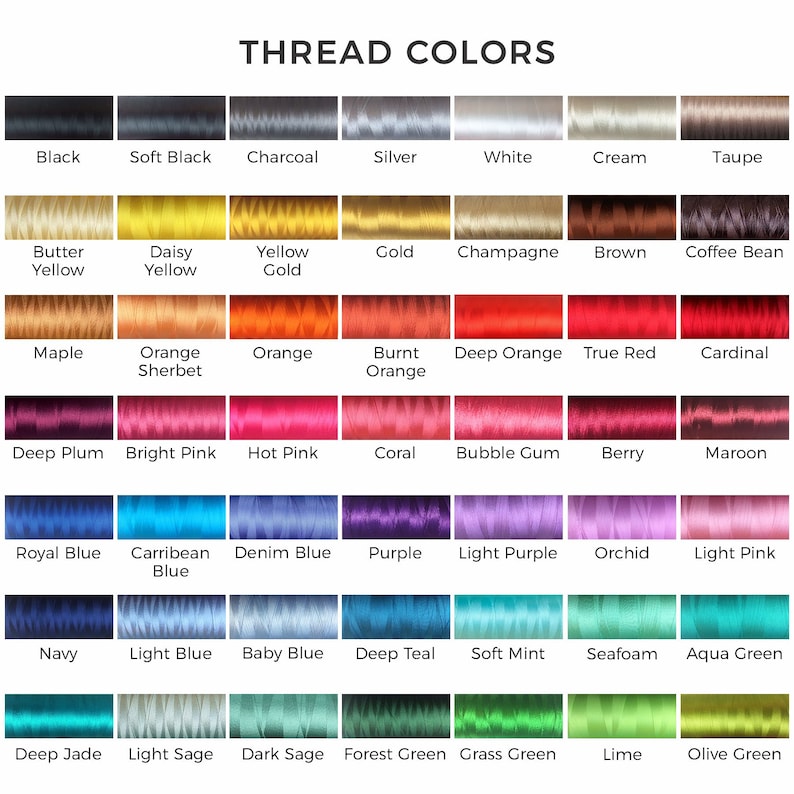 May include: A chart of thread colors with names for each color. The colors are arranged in rows and columns, with the names of the colors listed below each swatch.