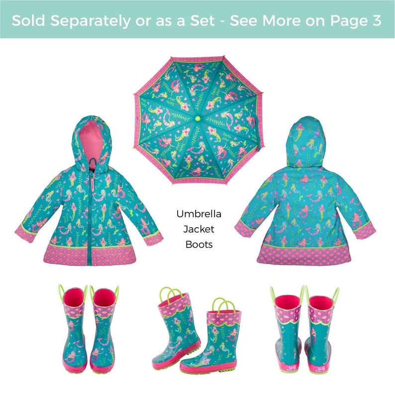 Kids Mermaid Rain Gear Complete Set OPTIONAL Mermaid Pattern Raincoat Rain boots & Umbrella image 2