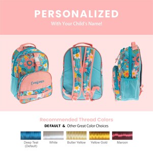 May include: A turquoise blue backpack with a floral pattern and pink accents. The backpack has a large zippered pocket on the front and a mesh pocket on the side. The backpack is personalized with the name "Constance".