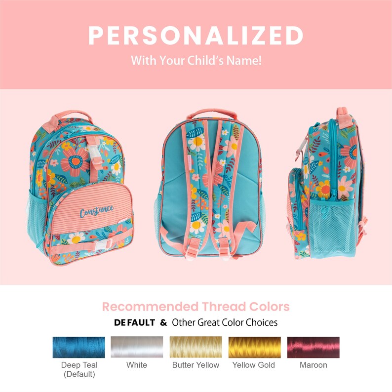 May include: A turquoise blue backpack with a floral pattern and pink accents. The backpack has a large zippered pocket on the front and a mesh pocket on the side. The backpack is personalized with the name "Constance".