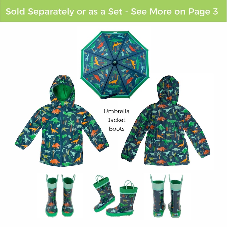 May include: A set of dinosaur-themed rain gear for children, including a blue raincoat with a green hood, a green umbrella with a blue dinosaur print, and green rain boots with a blue dinosaur print.  Sold separately or as a set - See More on Page 3.