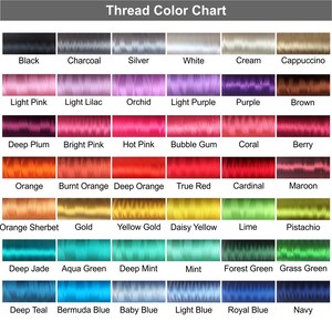May include: Thread color chart with 36 different colors of thread, including black, white, red, blue, green, yellow, orange, pink, purple, brown, and more.