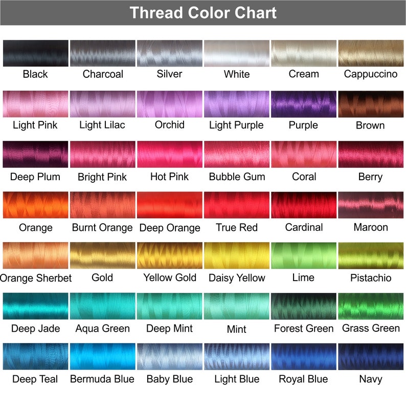 May include: Thread color chart with 36 different colors of thread, including black, white, red, blue, green, yellow, orange, pink, purple, brown, and more.