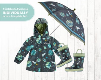 Kids Space Raincoat Personalized with embroidered name / Complete Set Optional - Matching Astronomy Raincoat Rain boots & Umbrella