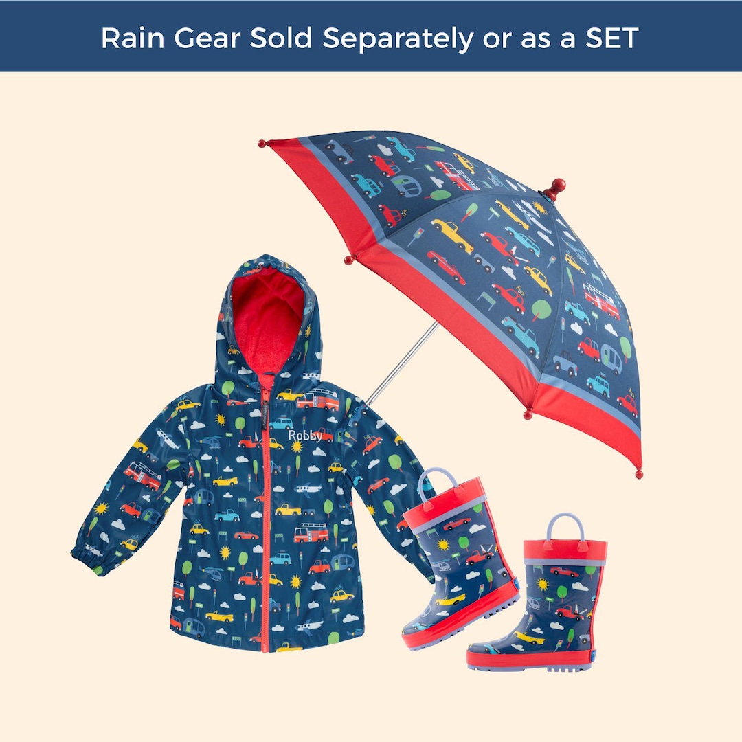Kids Transportation Rain Gear Personalized Complete Set Optional Matching Raincoat, Rain Boots, and Umbrella