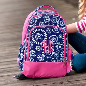 Navy Pink Kids Backpack Personalized with Emboidered Name / Monogrammed Girls Backpack with Mandala white flower print