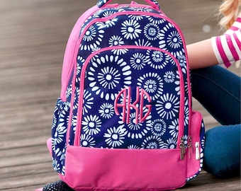 Navy Pink Kids Backpack Personalized with Emboidered Name / Monogrammed Girls Backpack with Mandala white flower print