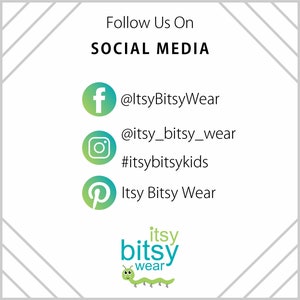 Peut inclure: Graphique avec des ic&ocirc;nes de m&eacute;dias sociaux et du texte pour Itsy Bitsy Wear. Les ic&ocirc;nes incluent Facebook, Instagram et Pinterest. Le texte comprend le nom de la marque, les poign&eacute;es de m&eacute;dias sociaux et le hashtag #itsybitsykids.