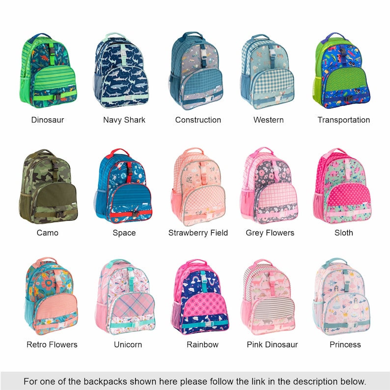 May include: A collection of 15 colorful backpacks with various designs, including dinosaurs, sharks, construction vehicles, flowers, and animals. Each backpack has a unique pattern and features a front pocket and adjustable straps.