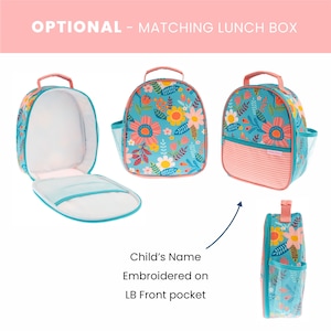 May include: A turquoise lunch bag with a floral pattern and a pink zipper. The bag has a mesh pocket on the side and a front pocket that can be personalized with a child's name.  The bag is shown open and closed, and there is a separate smaller lunch bag with the same pattern.