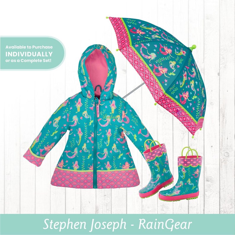 Kids Mermaid Rain Gear Complete Set OPTIONAL Mermaid Pattern Raincoat Rain boots & Umbrella image 1