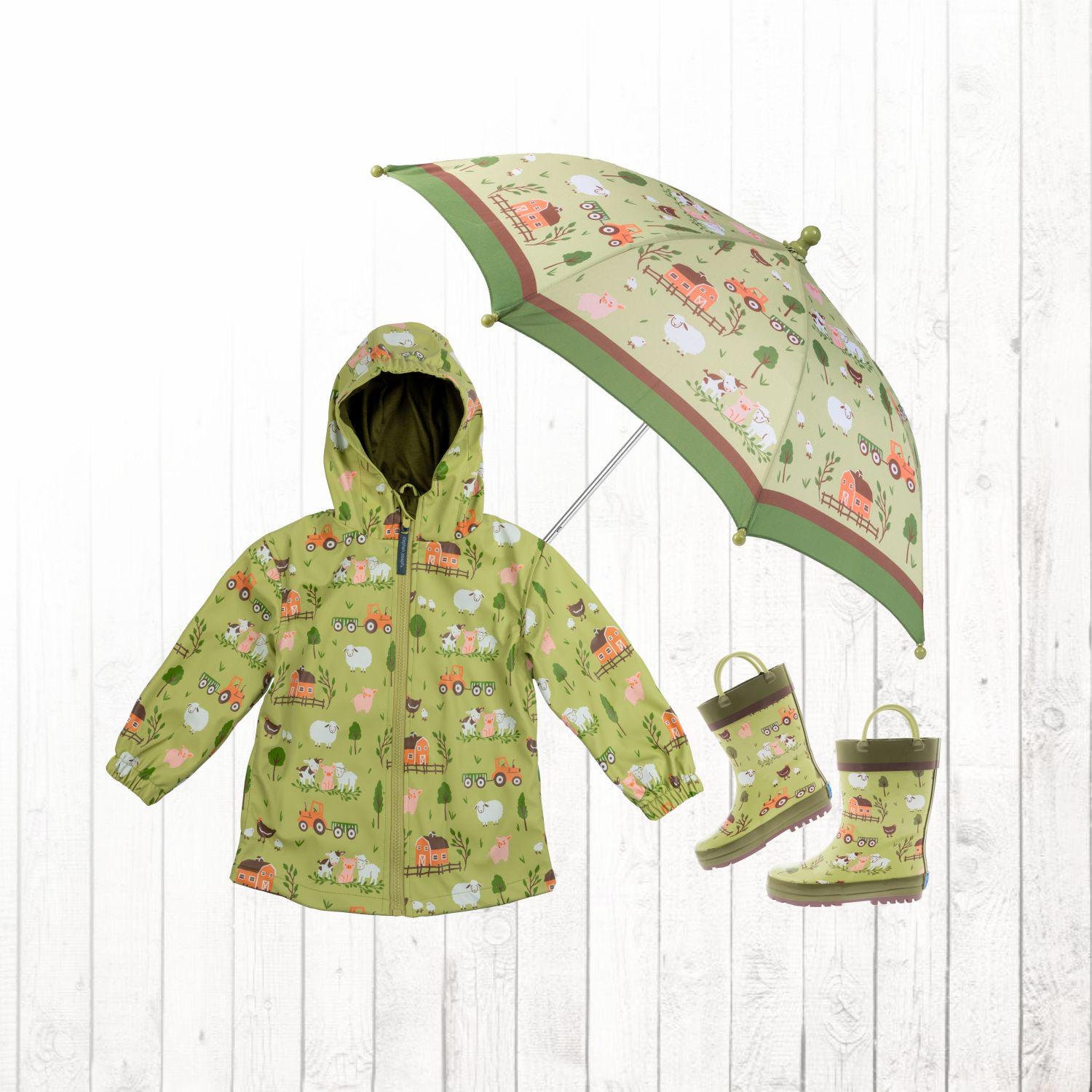 Kids Farm Rain Gear Personalized / Complete Set Optional - Matching Barnyard Themed Raincoat, Rain boots, and Umbrella