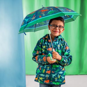May include: A young person wearing a blue raincoat with a dinosaur print and holding a blue and green umbrella with a dinosaur print.
