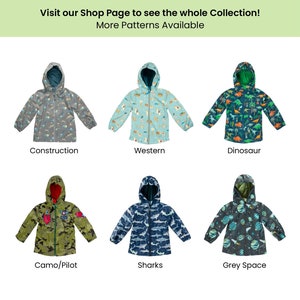 May include: Six different patterned children's rain jackets. The jackets are in a variety of colours and patterns, including construction, western, dinosaur, camo/pilot, sharks, and grey space.