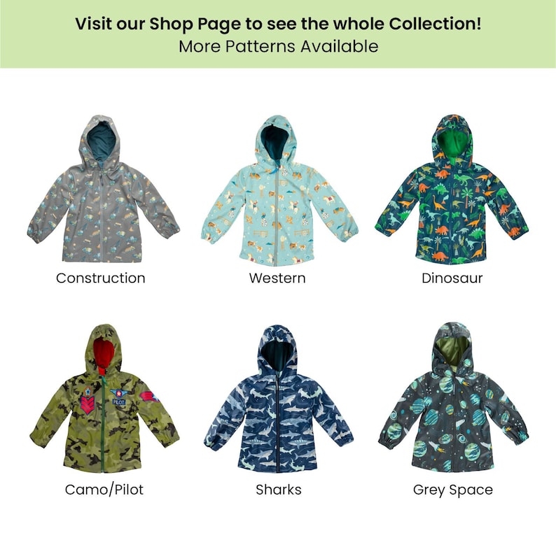 May include: Six different patterned children's rain jackets. The jackets are in a variety of colours and patterns, including construction, western, dinosaur, camo/pilot, sharks, and grey space.
