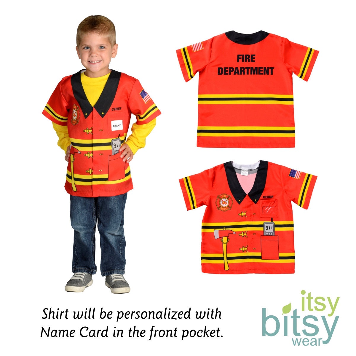 Maglietta Gioco Pompiere Per Bambini, Costume Carnevale Con Accessori Stampati, Unisex