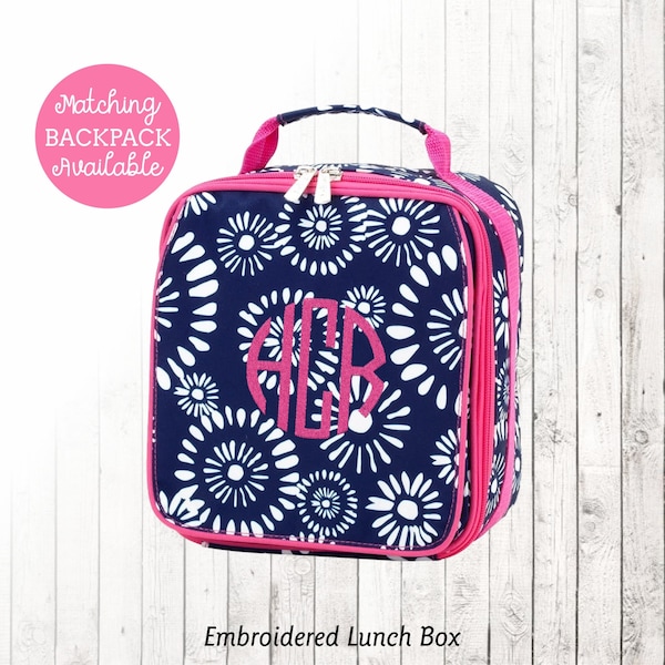 Kids Insulated Lunchbox Personalized with embroidered Name or Monogram / Navy Pink Closeout Pattern