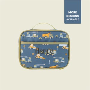 May include: A blue lunch bag with a handle and a zipper closure. The bag features a pattern of yellow construction vehicles and the name "Henry" in a stylized font. The text "MORE DESIGNS AVAILABLE" is in a blue rectangle.