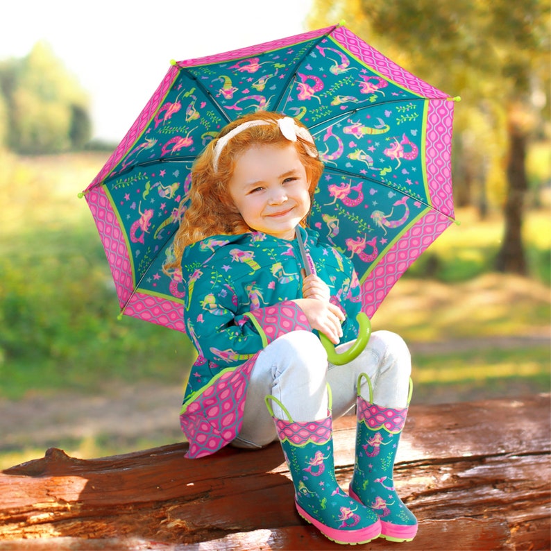 Kids Mermaid Rain Gear Complete Set OPTIONAL Mermaid Pattern Raincoat Rain boots & Umbrella image 8