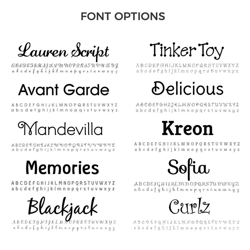 May include: A graphic showing different font options for a design project. The fonts are displayed in alphabetical order with the name of the font in a larger size above the alphabet. The fonts are: Lauren Script, Avant Garde, Mandevilla, Memories, Blackjack, Tinker Toy, Delicious, Kreon, Sofia, and Curlz.