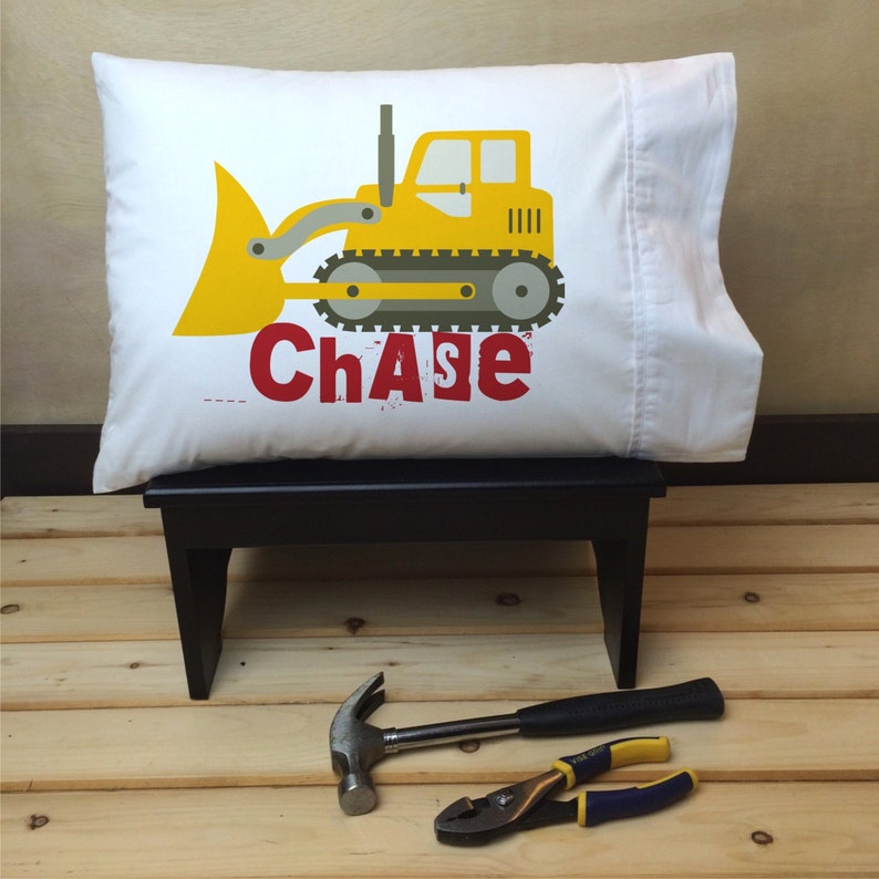 Personalized Kids Travel Pillow, Personalized Pillow for Boy with Bulldozer, Custom Small Pillow Case with Insert, Kids Pillowcase with Name image 1