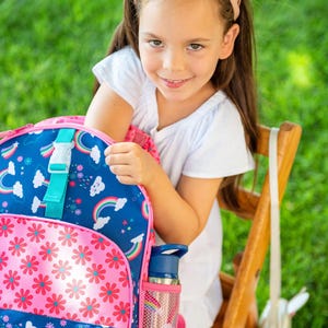 Personalized Kids Backpack: Retro Floral Teal Blue, Embroidered Name image 9