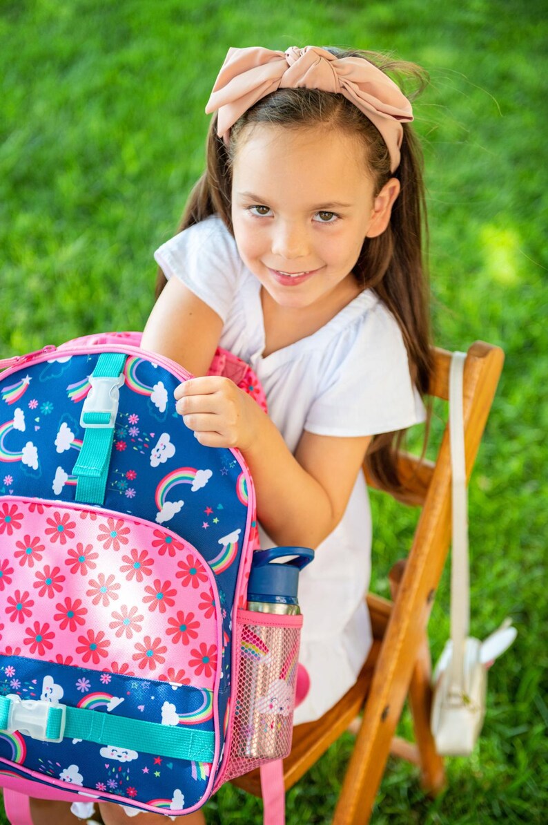 Personalized Kids Backpack: Retro Floral Teal Blue, Embroidered Name image 9