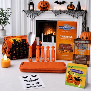 May include: A pumpkin carving kit with five stainless steel tools featuring orange handles, a matching orange zippered storage case, a Ghirardelli caramel chocolate box, a Double Donut pumpkin spice hot chocolate packet, and a Happy Halloween card.
