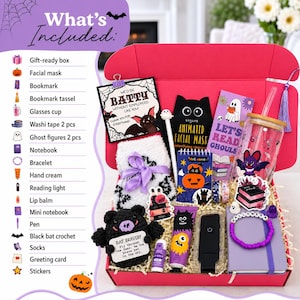 May include: A pink gift box containing a Halloween-themed set including a black crochet bat, white fuzzy socks, a glass cup with a bamboo lid, a purple notebook, a bracelet, a facial mask, a reading light, lip balm, hand cream, and stationery.