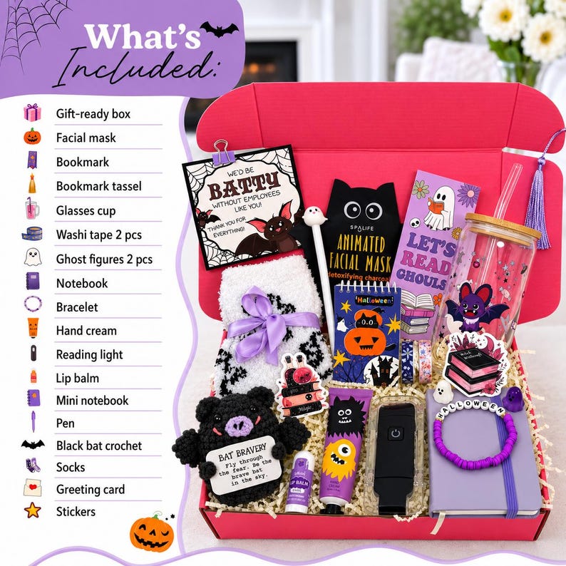 May include: A pink gift box containing a Halloween-themed set including a black crochet bat, white fuzzy socks, a glass cup with a bamboo lid, a purple notebook, a bracelet, a facial mask, a reading light, lip balm, hand cream, and stationery.