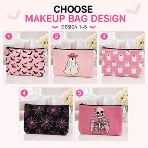 May include: Five rectangular makeup bags with black zippers. Design 1: pink with black bats. Design 2: light pink with a ghost wearing a pink cowboy hat. Design 3: pink with white ghosts. Design 4: black with pink spiderwebs. Design 5: pink with a skeleton.
